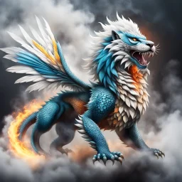 a sturdy colorful winged lion-like asian dragon with curly white fur, smokey breath and fire, claws, spikes along back, a long tail, moving forward out of the smoke and mist