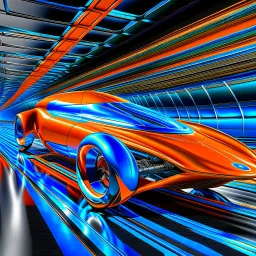 award winning car and driver photograph of a futuristic station wagon designed by only one vehicle per image painted metallic orange traveling at a high rate of speed, jet intake off of front center of vehicle and jet exhaust out the rear with bright blue flame, bilaterally symetrical, more a high speed road vehicle