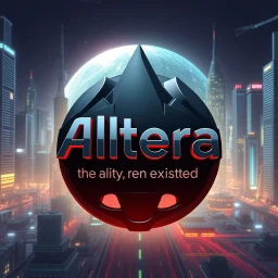 Can you create a nice cool logo for my account "Altera", with this texts in down "the world never existed" ,"reality ,reimagined",add 3d background, future modern city and futue moder industry ,3d text