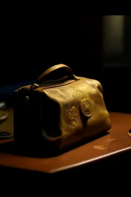 in the BASEMENT there is an old, broken brown oblong leather chest with short handles, with a hole on the side, gold coins from the time of Catherine the Great fall out of it. The ancient coat of arms of tsarist Russia, the double-headed eagle, is BARELY VISIBLE on the bag. All in high quality 8K