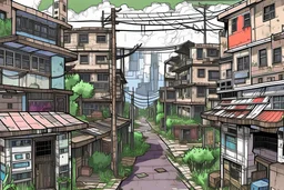 TLOU Town but as a coloured manga style, no characters just city landscape. in the style of Tatsuki Fujimoto