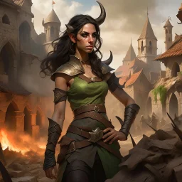 a beautiful tiefling women with dark hair in a sleeveless battle outfit, amidst the ruins of a medieval town destroyed by war