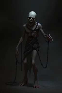 Full-body 2D Character Design: A haunting scene unfolds: The Chained Torment stands amidst a dark, chains encasing its twisted body like a living, breathing prison. The amalgam human faces mask, now a grotesque extension of its flesh, conceals a face contorted in anguish. Tears of pain stream from small holes, while each movement seems to amplify the agony, as if its very existence is a cruel infliction upon those nearby, dinamic pose horror