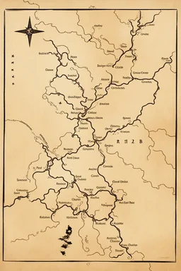 a scan of an ancient Cree Anishinaabe road map, black and white printed map that has been been stained and weathered, text is in a Cree Syllabic font