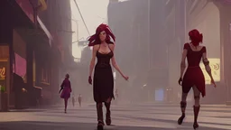 shoulder-length red-haired woman walking along a street full of shops, with a transluscent woman following her