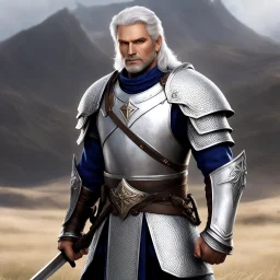Brother Michael’s paladin training made him a stalwart protector and unwavering champion of the innocent, skilled in martial combat, divine endurance, and the sacred rites of guardianship and last prayers for the dead. He wear a light chainmail and a zweihander sword with his two hands. He is a striking figure: silver-haired, broad-shouldered, and steady, moving with the calm certainty of someone forged in the same fire that blessed his chainmail, his presence alone enough to inspire courage. Hi