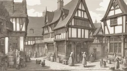 A Paved Courtyard, With Tudor Gothic Houses, Tall Chimneys, Crooked Roofs, a small stream, People, Shops,