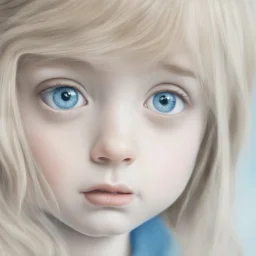 Sad Little girl in the style of Margaret Keane, huge blue eyes, extreme close up
