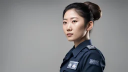 asian female police officer with beautiful face, bun up hair, full body looking to the left