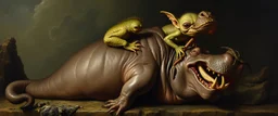 master oil painting by Rembrandt, creature from before the dinosaur alien seal gremlin munchin on a lion hippo