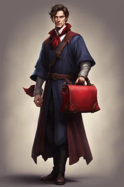 A handsome 28 years male sorcerer, with short brown hair, dressed as a magistrate of the law, carrying a little red velvet satchel in both hands