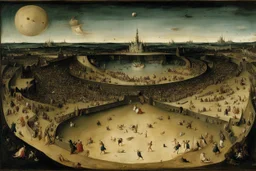 View of Elysium with dark female flying around over people running away in fear, Hieronymus Bosch