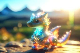 cute chibi anime little dragon, holographic, transparent sparkling crystal mountains in sunshine, ethereal, cinematic postprocessing, bokeh, dof