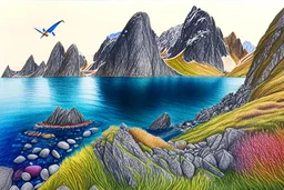 Colored pencil drawing, Very detailed, Drawing of the colorfull nature of Lofoten Island in Norway.