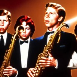 Eyes closed REd-haired Ron howard Is richie from happy days playing his saxophone with "eyes are closed", rock band, embouchure, joanie cunningham