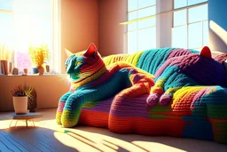 Giant knitted lifelike colorful cat sitting on a sofa in a modern room in sunshine