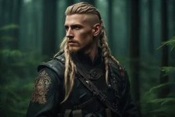 photorealistic hyperdetailed portait of 20-year-old german male, as mercenary with long blonde undercut hair, tribal tattoos and neatly trimmed beard wearing modern mercenary uniform dark fantasy forest backdrop