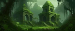 A dark green jungle with a mysterious ruins painted by Henry-Robert Brésil