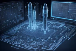 generate a desktop wallpaper, electronic, circuit board blueprint, 3D hologram blueprint of a detailed multi-stage rocket, and statistics. graphs, scale comparison to person