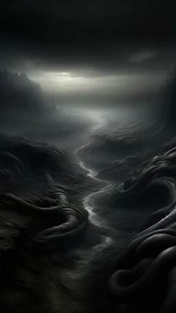,surrealism of the dark of a nightmare ten miles high and six foot deep, hyper photorealistic, hyper detailed dark art color, high resolution, fog, octane render, tilt shift, HDRI Environment, all pictures dark gray, a curved dark in shape stone.