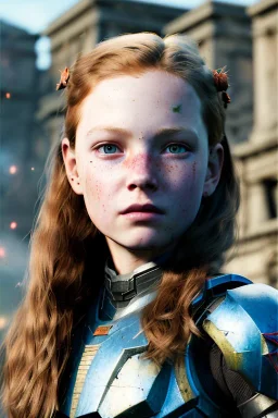 ultrarealistic, concept art,ruined city,__intricate fantasy armor__, no star, __angles__, 10 year old girl, strikingly beautiful,ginger hair, _colour_, (pale __skincolor__ skin:1.2), __camera__, long hair, detailed face and eyes, medium breasts, sci-fi theme, freckles, dynamic pose, resolved expression, strappy outfit, (straps:1.1), sword in scabbard on left hip, (buckles, buttons, snaps, rings:1.0), haltertop style breastplate, detailed eyes, plump lips