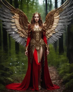 Photography full body A Length image of very beautiful Super model Russian Woman,long hair red as an Beautiful Archangel with wings made from metal craft,dressing luxurious gown golden and black color armor filigree combination fully crystals diamonds stone,in magical night forest full of lamps Background