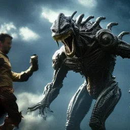 hybrid kaiju between alien xenomorph of ridley Scott and iron man