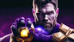 A sporty looking man with With a serious his face while holding Thanos' gantlet K's infinity gauntlet has six infinity stones