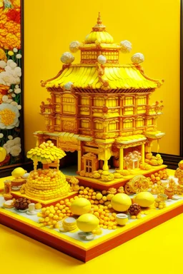 A yellow chocolate factory made out of sweets designed in Chinese paper art painted by Michelangelo di Lodovico Buonarroti Simoni