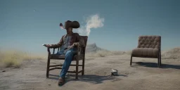 cowboy sitting in a chair and smoking a cigarette