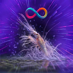 infinity symbol ∞ with vibrant powerful single prawn coming out of the water, striking, neon, chiaroscuro, dramatic, captivating, powerful, fantasy, beautiful, octane render, 16k post-production, artstation: award-winning: atmospheric: commanding: fantastical: clarity: ultra quality: striking: brilliance: stunning colors: amazing depth; lens: f/11, 35mm