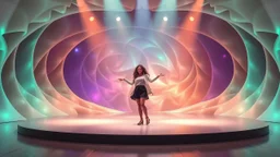 modern stage with a beautiful lady in modern clothing dancing, 3D recursive fractal structure animating background