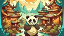 fantasy cartoon style illustration: wise panda in a chinese village