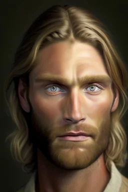 Portrait of a man in his thirties, brown eyes, short beard, small eyes, high cheekbones, long blond hair
