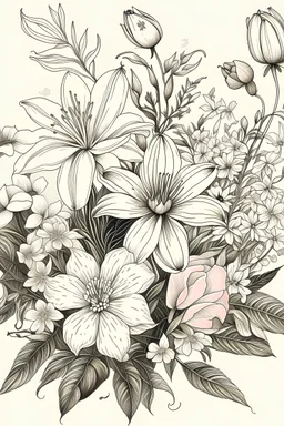 Rose,lily in the valley and cosmos flower bouqet drawing