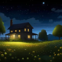 Una pequeña casa de campo bañada por la luz de la luna, rodeada de campos de flores silvestres y luciérnagas danzando en la noche. (Estilo impresionista, paleta de colores fríos, alta resolución)