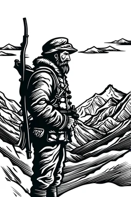 woodcut of male polar-explorer with beard in profile. He is carrying a rifle. Icy Mountains in the horizon. Svalbard