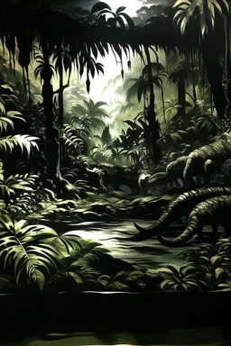 A black mysterious jungle with crocodiles designed in Javanese shadow puppets painted by John Singer Sargent
