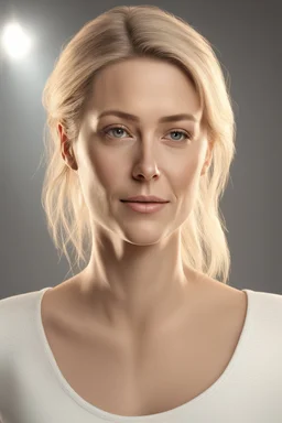 realistic, (39yr old female)without makeup, beautiful face, slightly angled head position, studio lighting, cinematic light, beautiful woman, on white background, 8k Resolution, highly detailed, non-symmetrical body and detailed hairstyles and skin texture