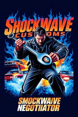 "Design a 90s-style action movie poster titled 'Shockwave Customs' with a blue theme and blue flames. Feature a super heroic mechanic in the foreground, fiercely battling thousands of adversaries with a spanner. In the background, show cars doing burnouts, creating a dynamic and intense scene. Capture the high-energy, gritty aesthetic of classic 90s action films. Prominently display the subtitle 'mmechanic negotiator' in bold, impactful lettering."