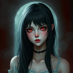 a pretty girl, 14 years old, black hair, vampire, red eyes, realism, stylised, fantasy, mystery