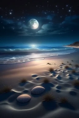 magic sea, beach with sand, shells, realistic, professional photo, 4k, top view, cosmic sky, stars, full moon, milki way