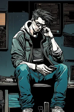man, cyberpunk, holding a cellphone, comic book art style, geek, engineer, t-shirt, jeans, drug addict, hoodie