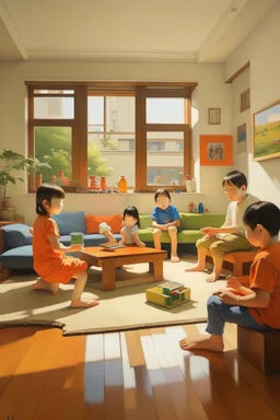 japanese childeren in a modern living room painting