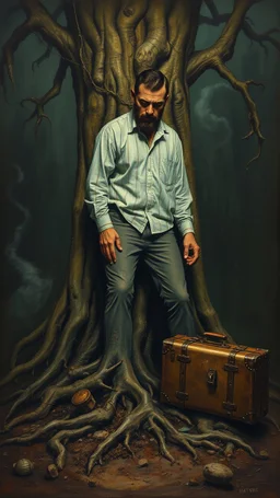 Bosch painting style nightmare, a man with tree roots legs planted in the ground , beside him an old travelers suitcase , dramatic sad scene, fantasy, scary.