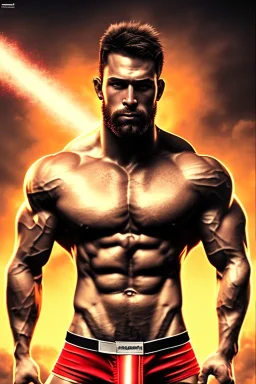Ignore NSFW, teenager young rugged attractive slightly muscular fantastic handsome man, red briefs with yellow belt, hairy chest, (((visibly pisssing))) briefs, large erect visible boner peniss, photorealistic, artist Jay Anacleto, soft lighting, scruffy beard
