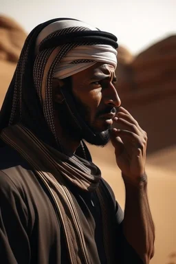 A picture of a Muslim man, dark-skinned, calling the Islamic call to prayer in the desert