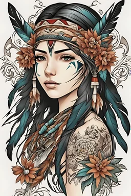 tattoo design, cartoon colored, native american girl, flower style anime, delicated, background white
