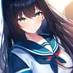 Clear focus,High resolution, black long fluffy hair, long fluffy bangs, teal eyes, wearing a sailor uniform, extreme close up, evil smile