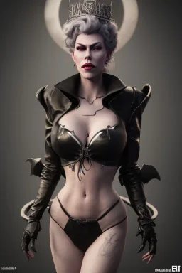 Hannah Waddingham as evil queen in black leather, busty, cleavage, voluptous, rebecca Welton, angry, stern look. character design by cory loftis, fenghua zhong, ryohei hase, ismail inceoglu and ruan jia. unreal engine 5, artistic lighting, highly detailed, photorealistic, fantasy